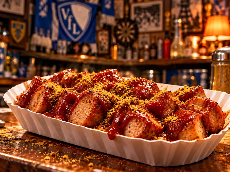 Currywurst with sauce and curry powder in a paper tray