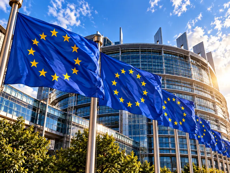 European flags in front of the European Parliament building